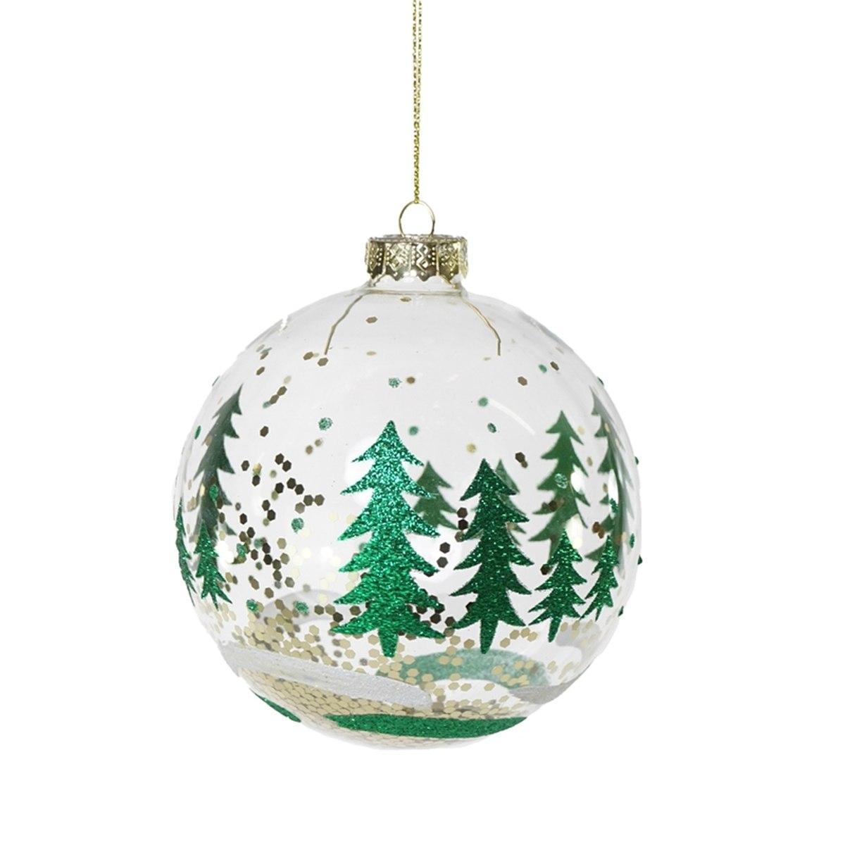 Palla trasp. alberi verdi c.glitter d.10cm vetro